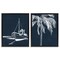 Stupell Industries Blue Boat & Palm 2 pc Framed Floater Canvas Wall Art Set Design by Leah Noel Art